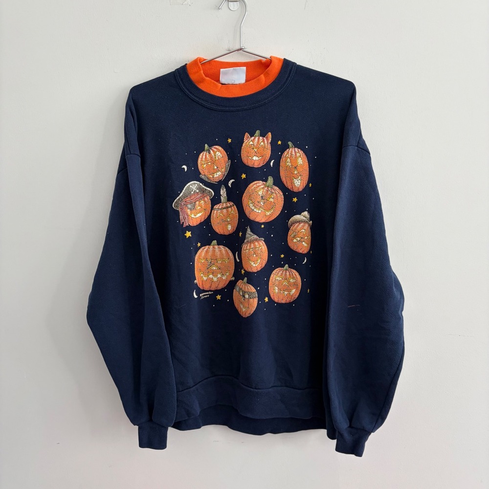Morning Sun Vintage Halloween Pumpkin Crewneck Sweatshirt Navy Blue Orange